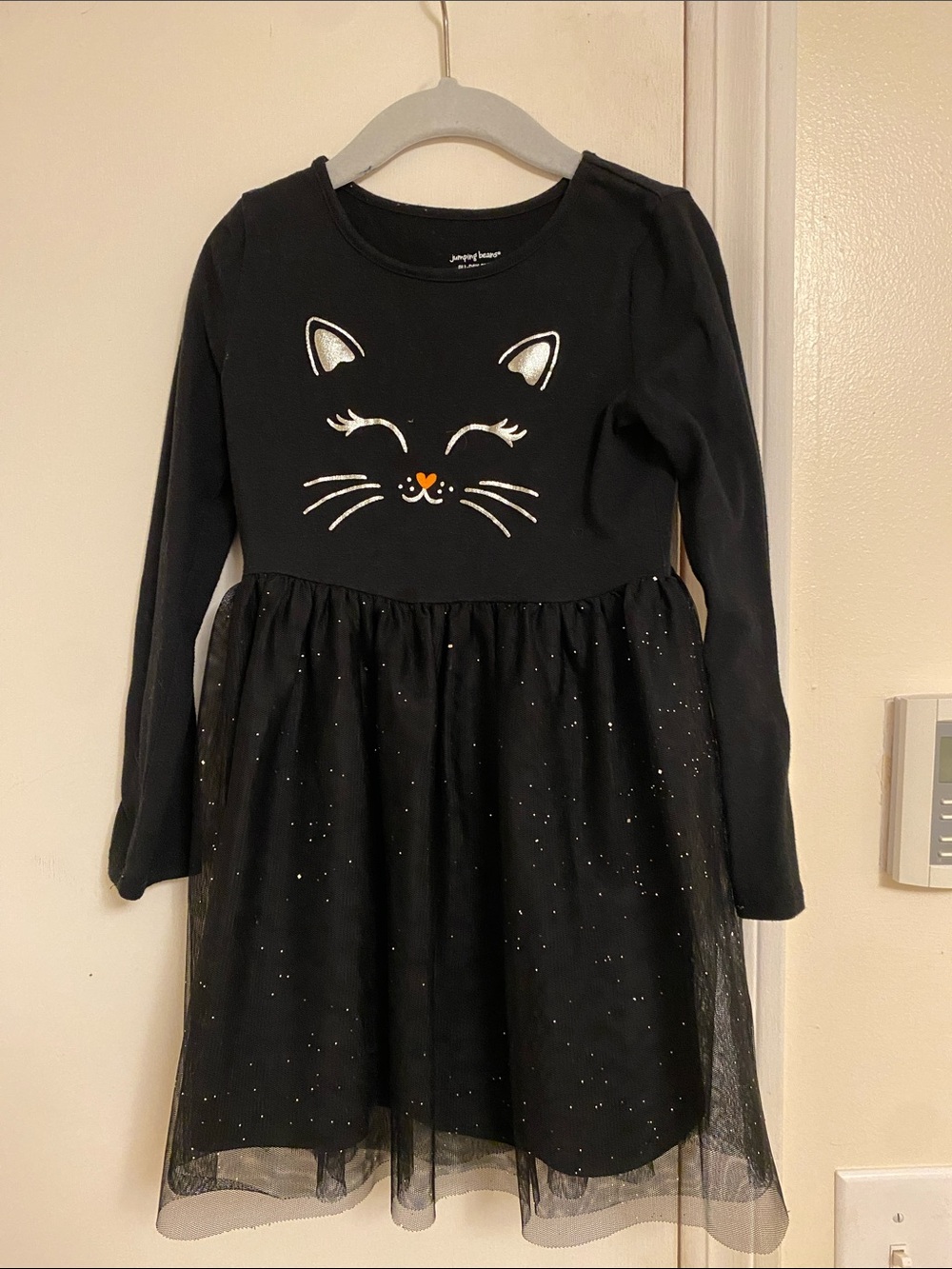 Long-Sleeve Black Cat Tulle Dress for Kids